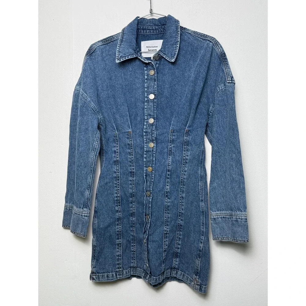 Reformation Roxanna Cinch Waist Denim Mini Dress‎ Blue Button Front Size 6 - Picture 2 of 9